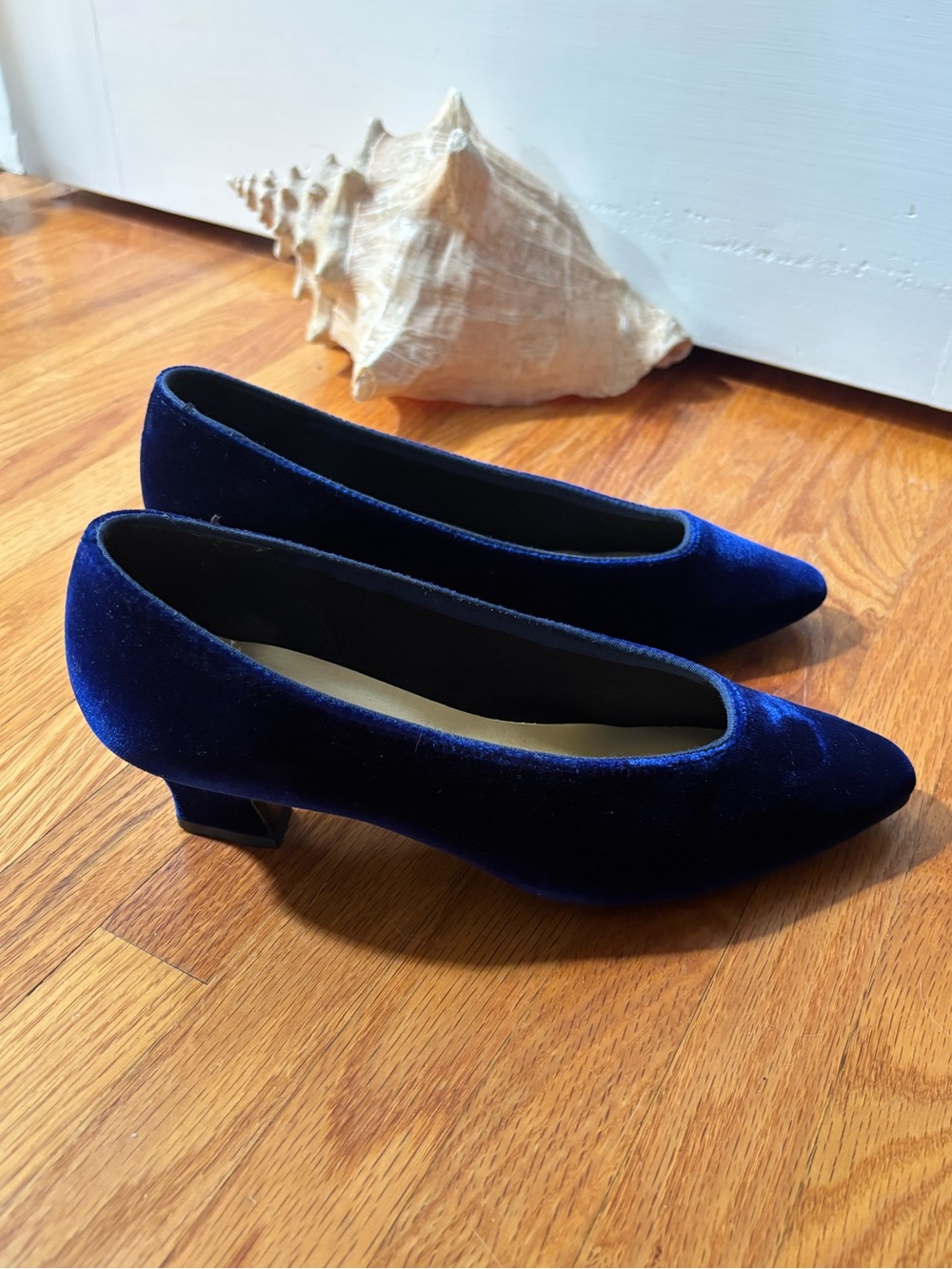 Velvet Low Block Heel Pumps in Deep Blue